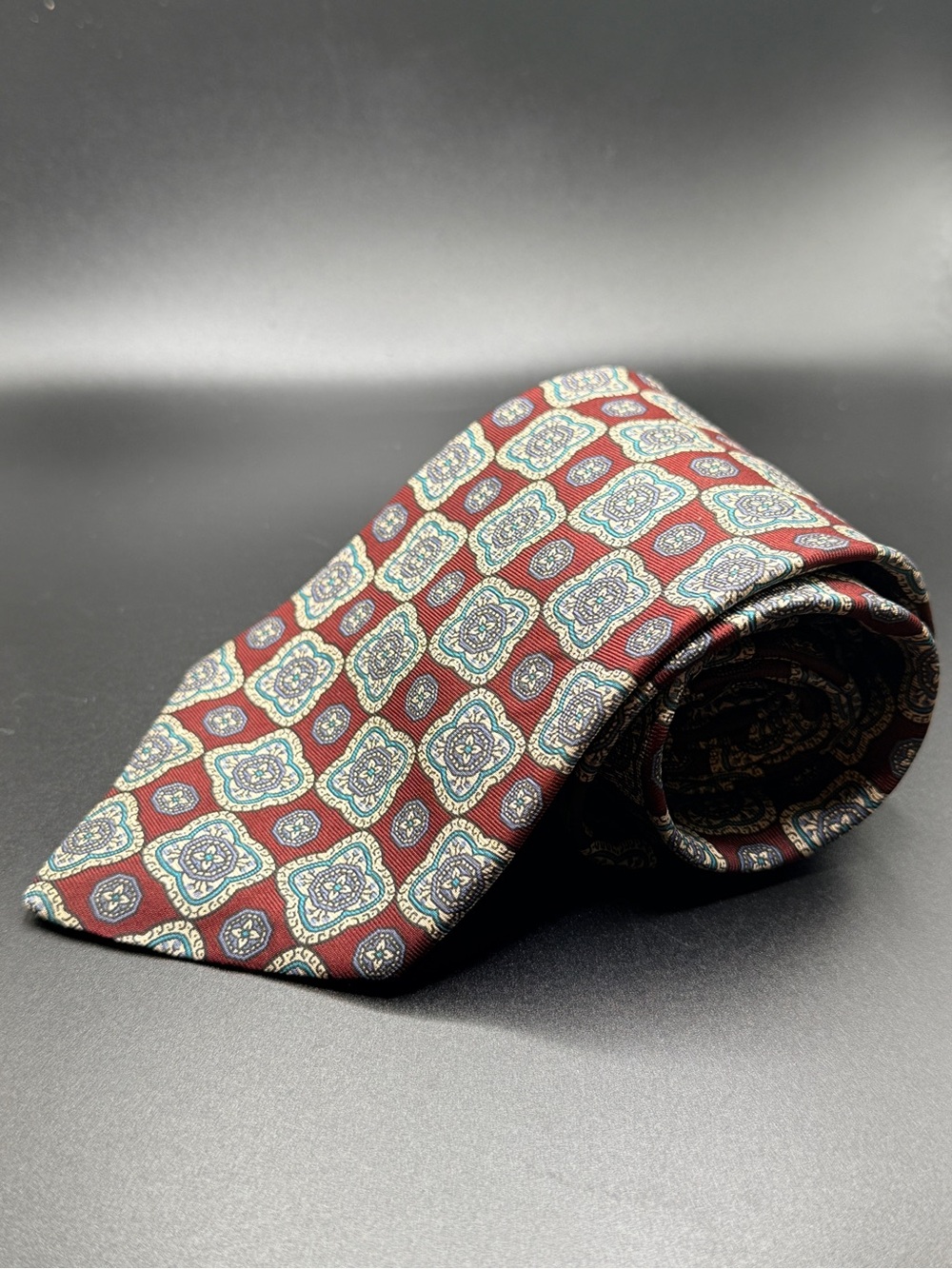 Chaps Ralph Lauren 100% Silk Geometric Medallion Tie Burgundy Teal Vintage
